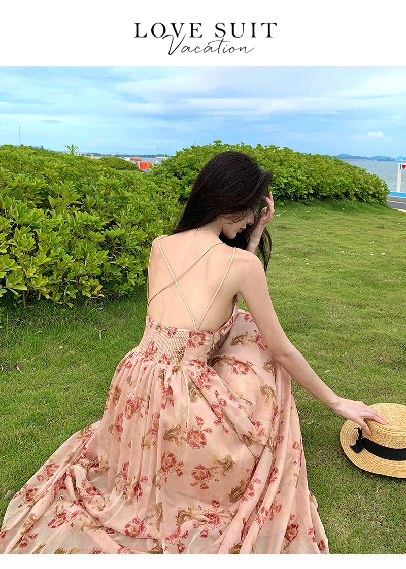 Summer New Spaghetti Strap Floral Long Dresses for Women Backless A-line Beach Style Korean Fashion Party Dress Casual Vestidos