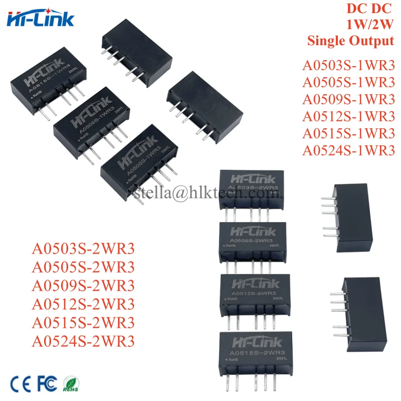 Hi-Link Single Output Módulo de Alimentação CE, DC, DC, 1W, 5V, A0505S-1WR3, A0503S-1WR3, A0509S-1WR3, A0515S-1WR3, A0524S-1WR3,