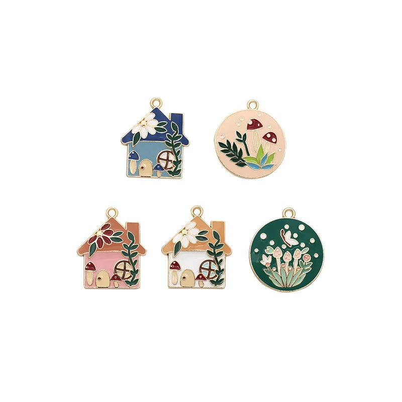

5pcs/Lot Lovely Enamel Flower Butterfly Mushroom House Charms Round Pendant For Handmade Necklaces Jewelry Making Accessories