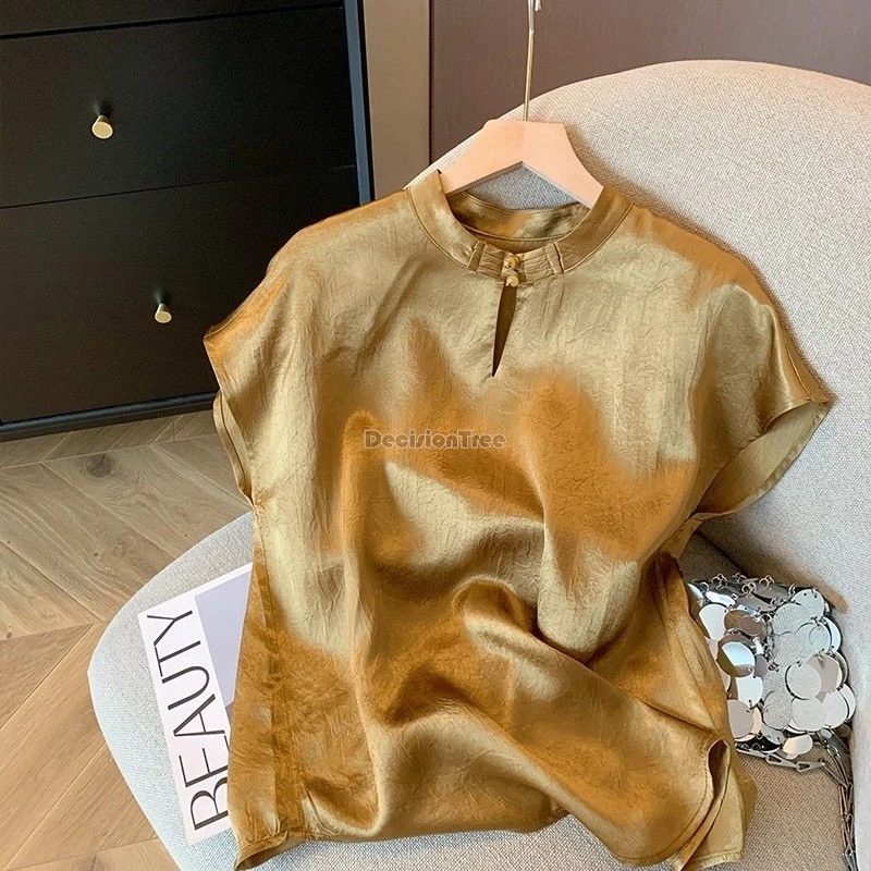 new chinese satin hollow out design disc button short sleeve qipao shirt women summer new elegant cheongsam blouse w872