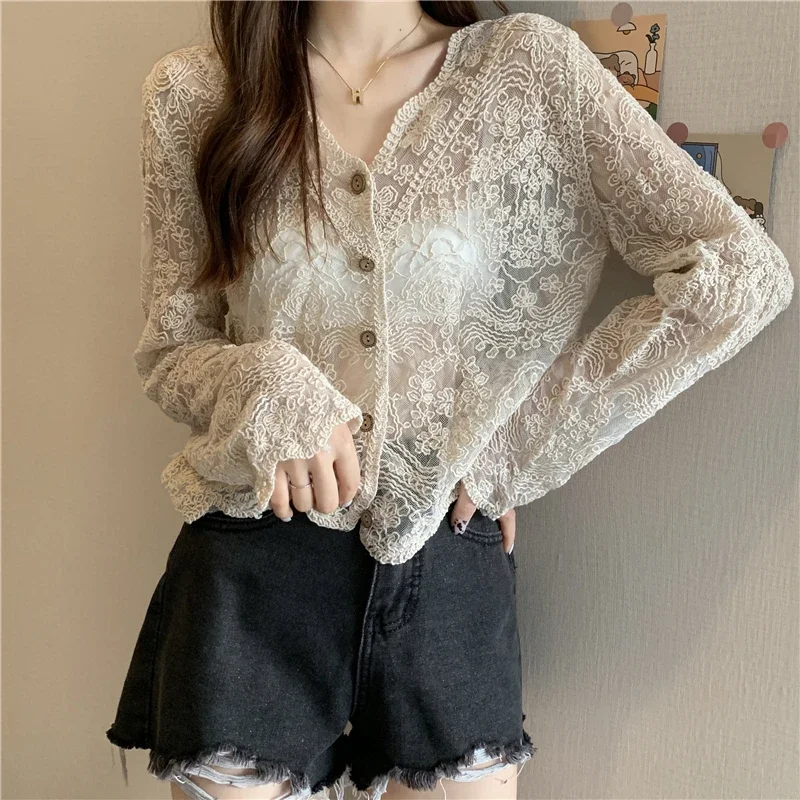 Vintage Summer Lace Blouses Women See Through Sheer Long Sleeve Sun Shirts Korean Style Casual Sun Protection Sexy Ladies Tops 3