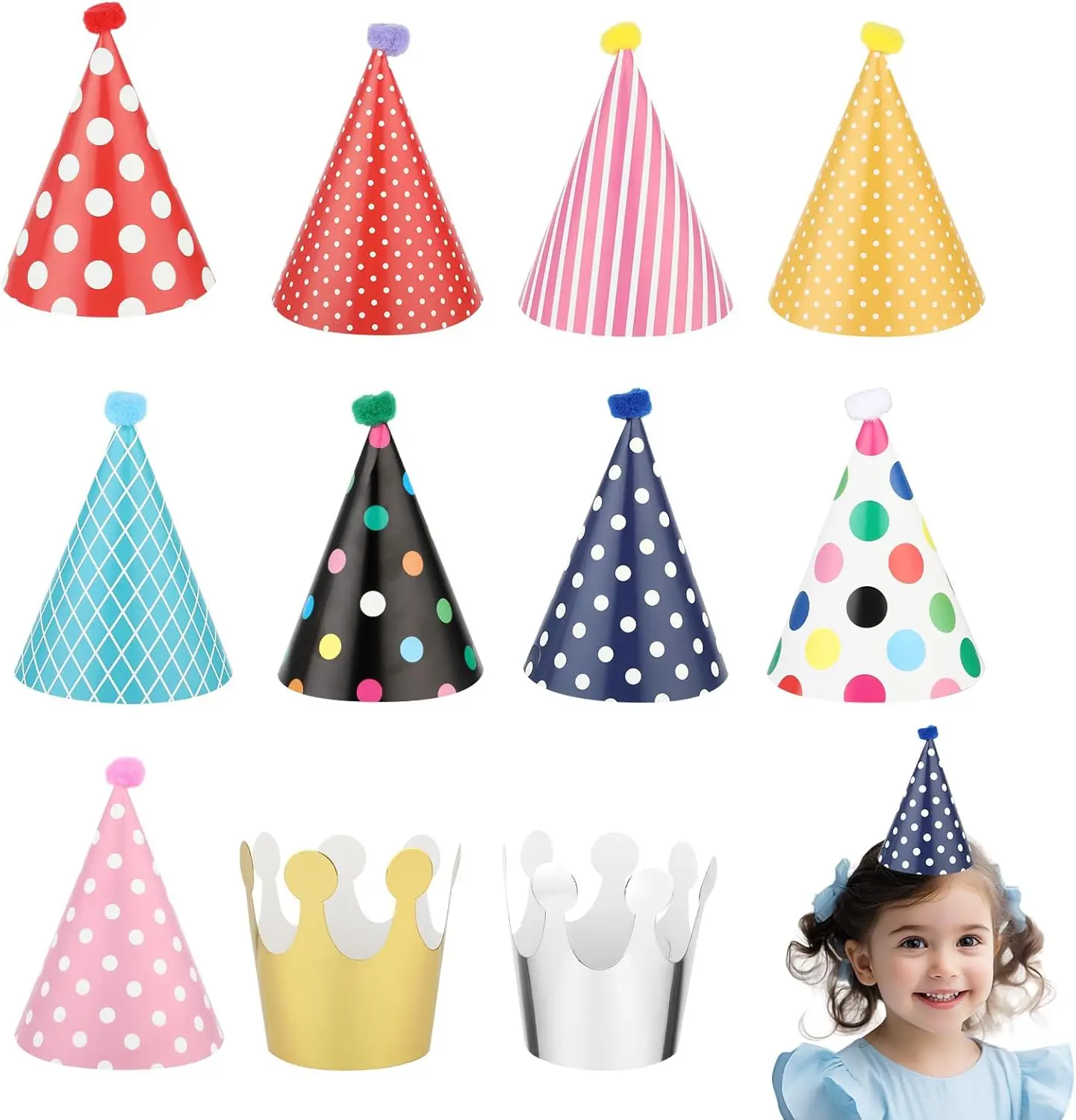 11 Pcs Birthday Party Hats,Party Hats Set Includes 9 Adorable Party Cone Hats with Pom Poms and 2 Paper Crowns Colorful Mini