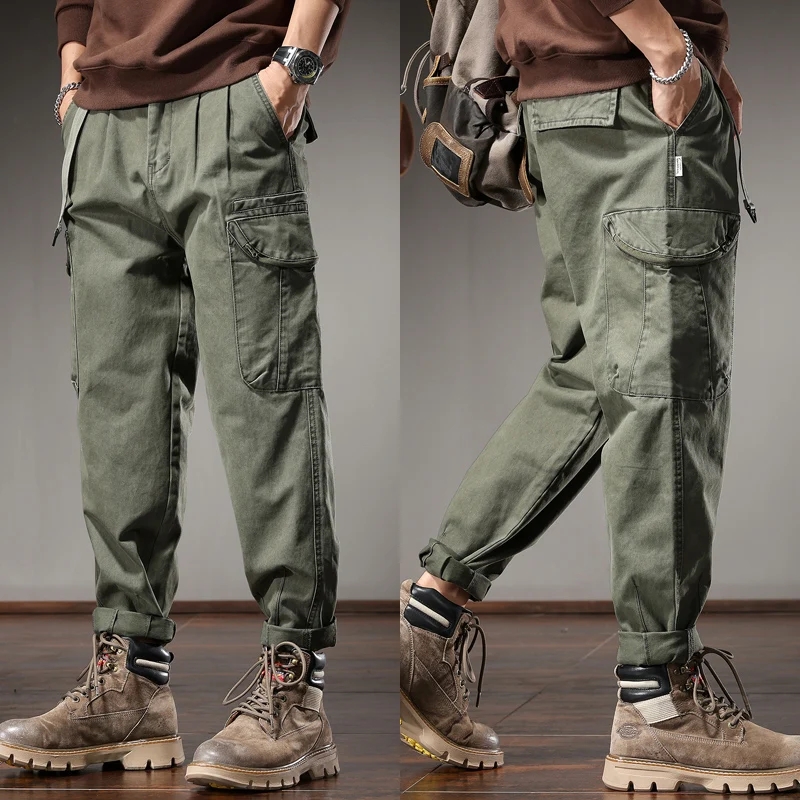 Autumn Cotton Khaki Baggy Cargo Pants Men Streetwear Casual Elastic Waist Belt Loose Straight Leg Trousers