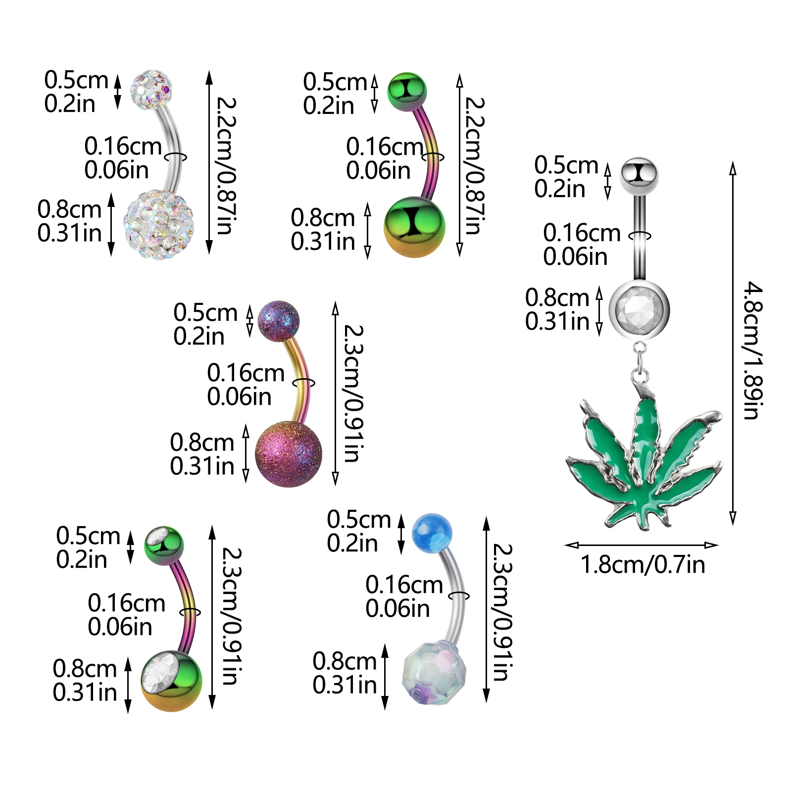 6pcs Stainless Steel Belly Buttron Piercing Set Simple Double Head Round Ball Diamond Belly Ring Piercing Jewelry