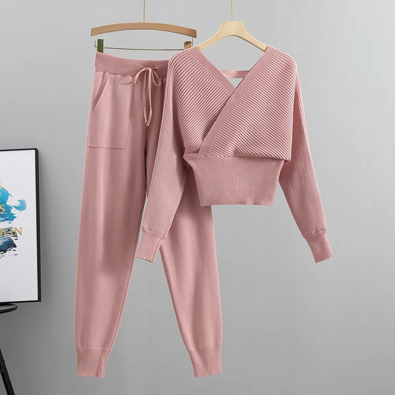 

Tracksuit Sexy Two Piece Set Women Korean Style Ribbed Knitted Backless Top and Long Pant Suit Autumn Outfits Y2K