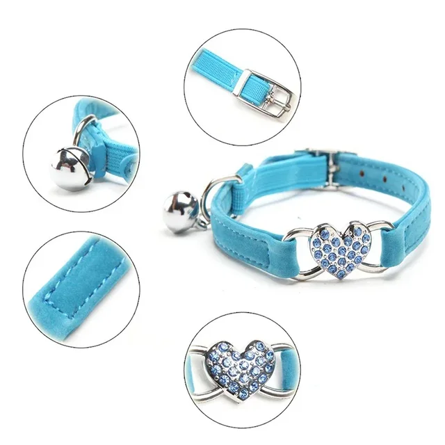 8 Colors Adjustable with Soft Velvet Material Pet Product Small Dog Collar Heart Charm and Bell Cat Collar Safety Elastic 3