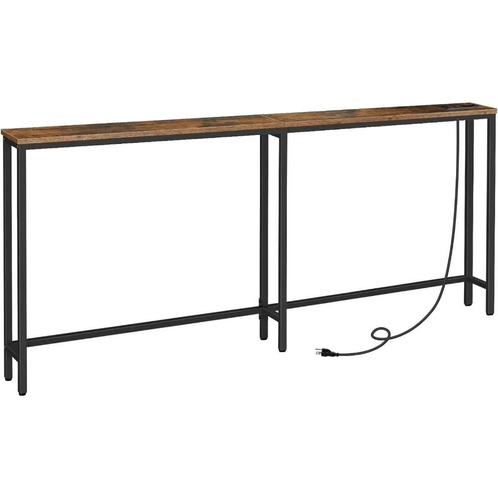 

5.9" Skinny Console Table with Charging Station, 70.9" Narrow Sofa Table with Power Outlets, Long Behind Couch Table