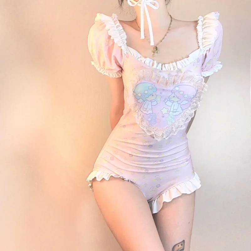 

Kawaii Sanrio купальник маленькие двойные звезды Цельный купальник с мультяшным принтом для студентов милые и милые с пышными рукавами бикини для девушек подарки