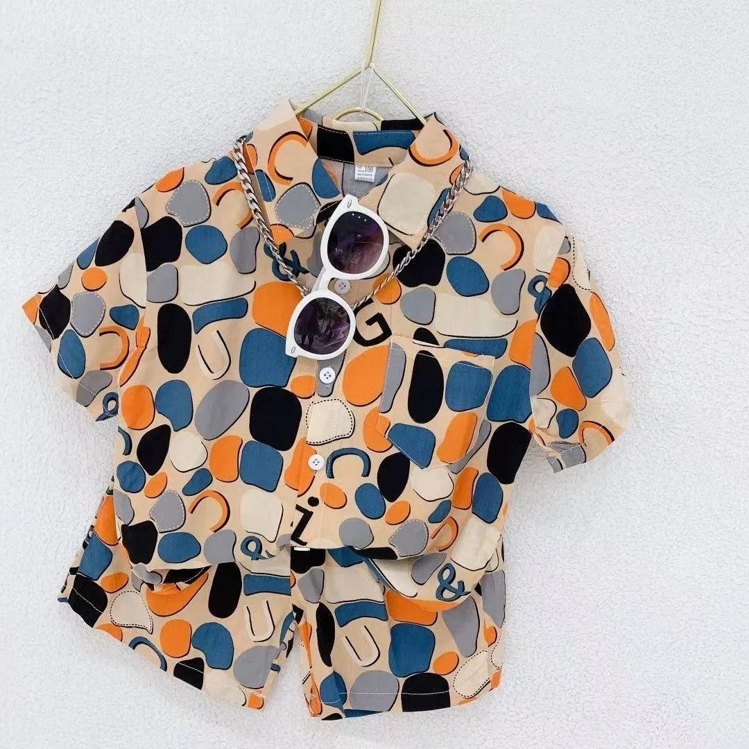 

Kids Summer New Two Pieces 2023 Boys Clothing Korean Version Fashion Casual Printed Lapel Single-breasted Loose Thin Shirt Sets