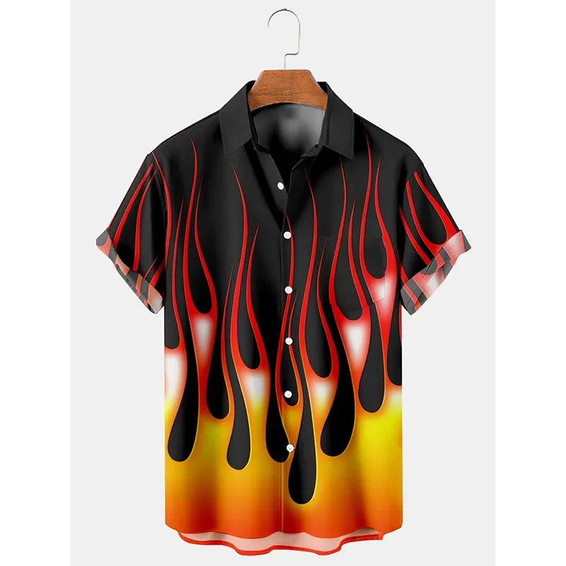 Summer Blue Color Flame 3D Print Shirts Men Fashion Shirt Short Sleeve Casual Harajuku Shirts Single-Breasted Lapel Clothing