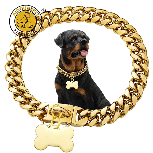 Stainless Steel Gold Dog Collar with Bone Tag Dog Link Chain Metal Silver Pet  Necklace for