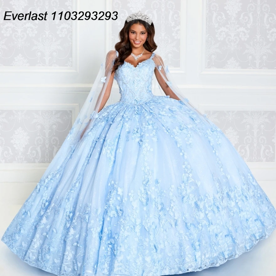 EVLAST Mint Green Quinceanera Dress Ball Gown 3D Lace Applique Beaded Spaghetti With Cape Sweet 16 Vestido 15 De A&ntilde;os TQD243 quinceanera dresses