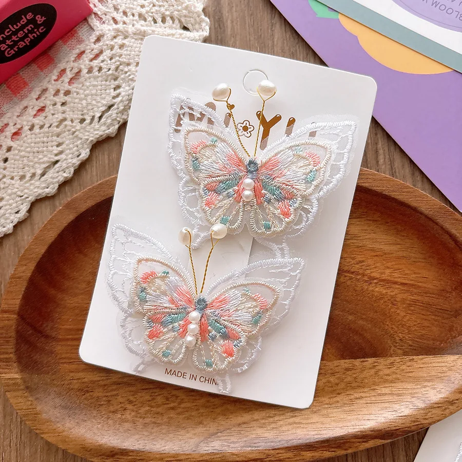2pcs Antique Mesh Embroidery Pearl Butterfly Children's Hairpin Sweet Headwear Girls Kids Hair Accessories
