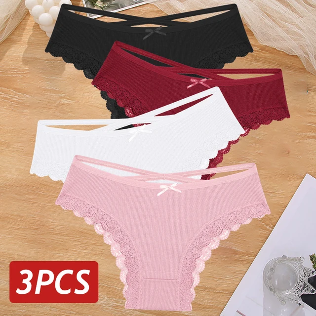 3PCS/Set Women Cotton Panties Sexy Low Rise Lace Brazilian Panties Hollow Out Soft Breathable Lingerie Female Bow Underwear S-XL 1