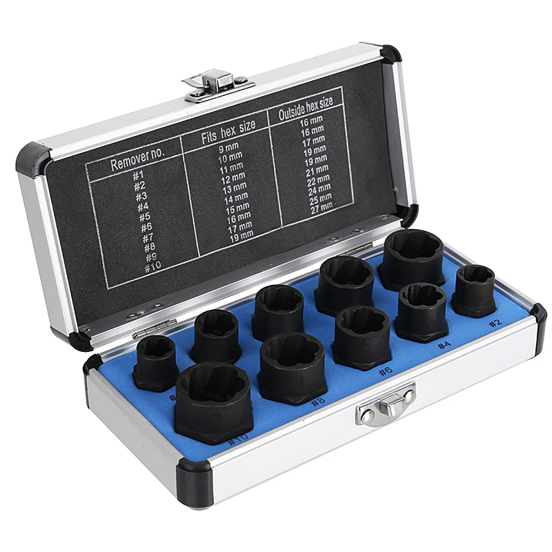 PANOVOS 10Pcs Bout Extractor Beschadigde Moer Remover Set, Gebroken Schroef Moer Bout Extractor Kit Stud Extractor Vergrendeling Socket Gereedschap Kit, Drive Socket Met Opbergkoffer 9-19mm