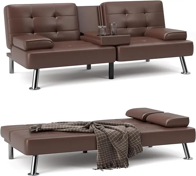 

Convertible Folding Futon Sofa Bed Sleeper Couch,Faux Leather Upholstered Loveseat w/Removable Armrests,Metal Legs,2 Cup Holders