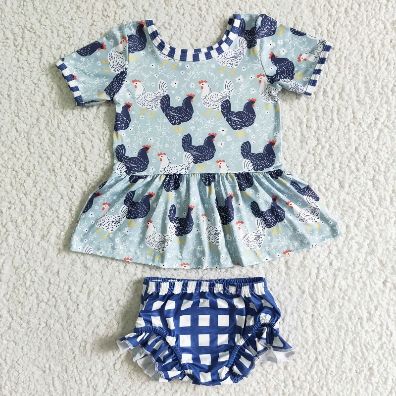 

Hot Sale Wholesale New Summer Chicken Print Short Sleeve Blue Plaid Briefs Suit Boutique Baby Girls Children Outfits Clothing