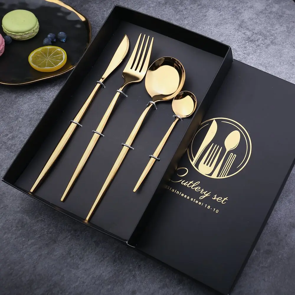 

4Pcs 304 Stainless Steel Golden Cutlery Set Black Luxury Cutlery Mirror Polishing Fork Spoons Knives Set Dinnerware Set Kitchen