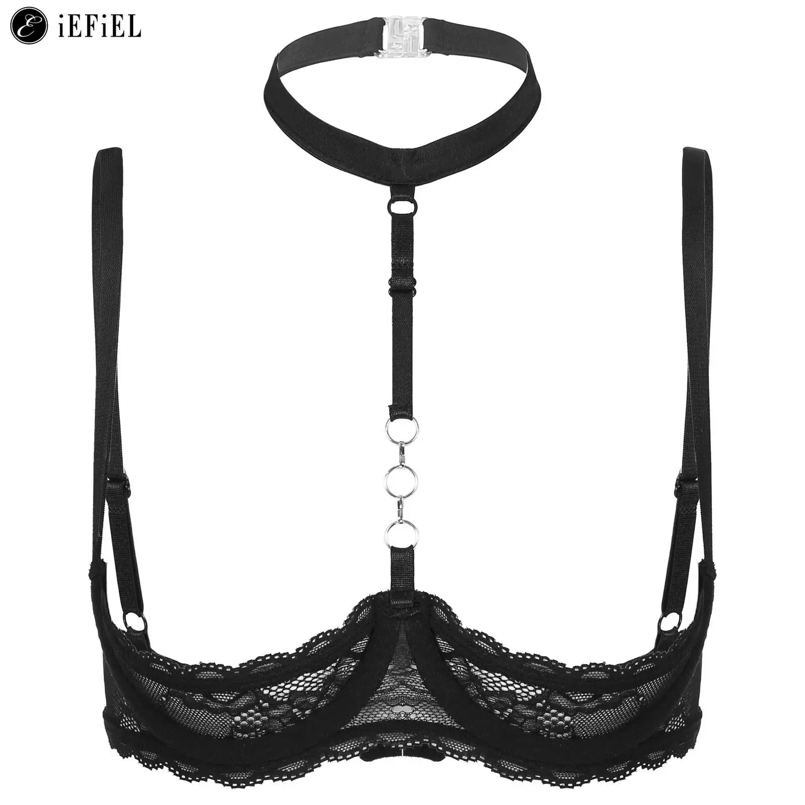 

Womens Sheer Lace Halter O Ring Quarter Cup Bra Tops Balconette Bare Exposed Breast Underwired Push Up Bralette Underwear