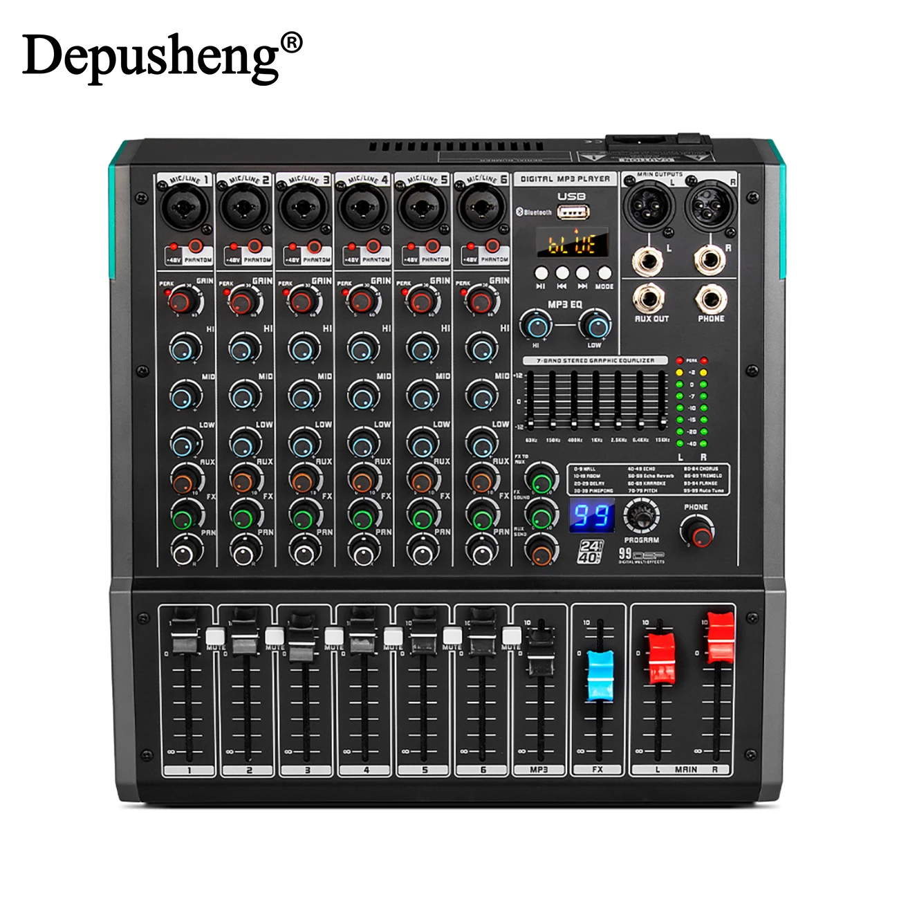 PA6 6 Channel Sound Mixer Audio Mixing Console 48V Professional USB PC Play Record Podcast Live Broadcast