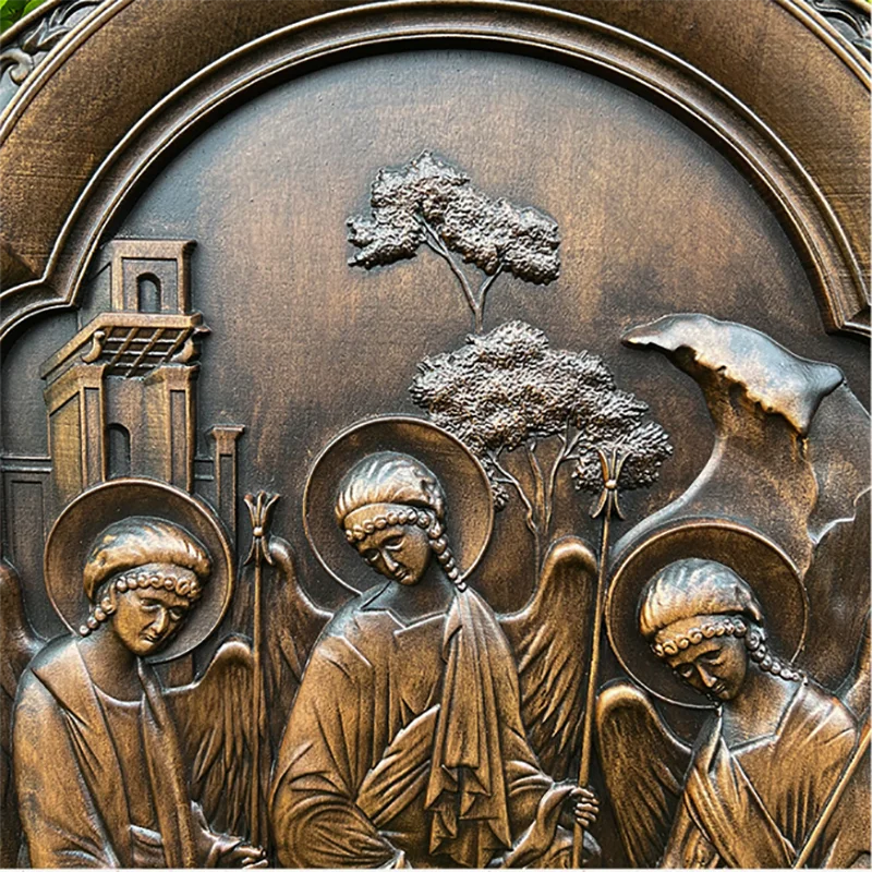 Holy Trinity Icon Wooden Wall Art - Hand Carved Father Son Holy Spirit Orthodox Decor, Catholic Christian Home Altar Hanging Pla