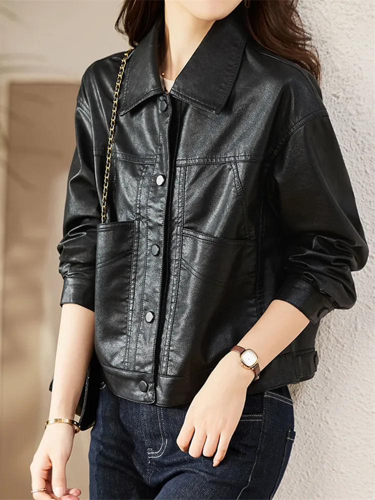 

Coat Female Spring Autumn Solid Color Short PU Leather Jacket Spliced Lapel Single Breasted Pocket Loose Women's Clothing ZM475