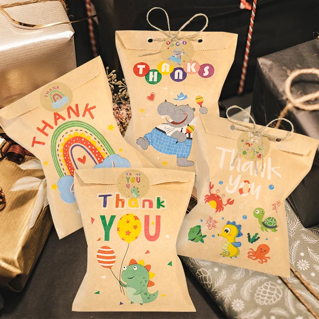 24 ensembles de sacs en papier Kraft de remerciement, mignon arc-en-ciel Dino, pochette cadeau joyeux anniversaire, sac à cadeaux de fête à fleurs rétro, fournitures de bonbons et de biscuits 2