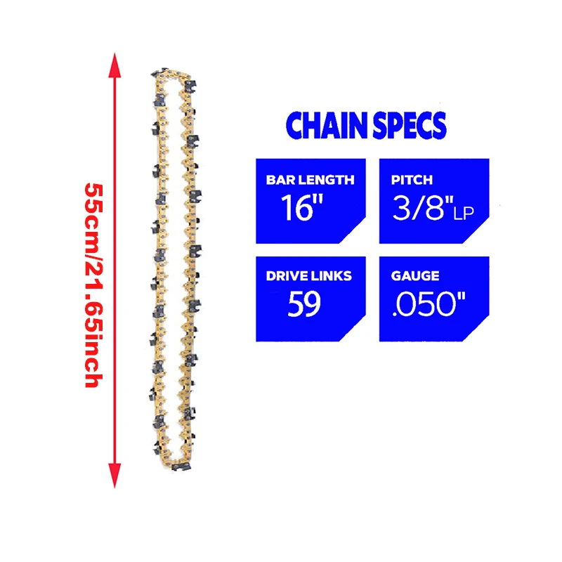 16 Inch Chainsaw Saw Chain Logging Blade Pruning Electric Saw Chain Accessories 59 Drive Link 29 Cutter 3/8" LP Pitch .050" chainsaw chain