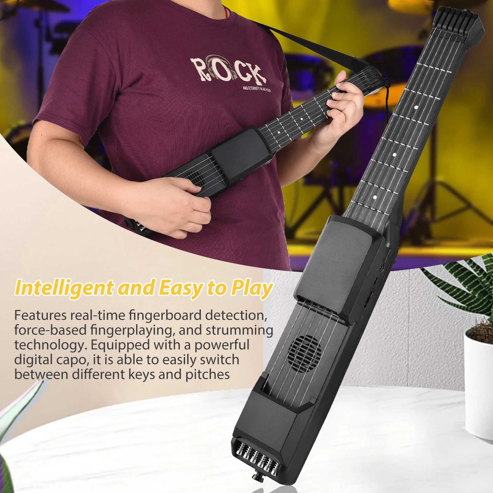 7 Frets Smart Electric Guitar Silent Practice Digital Tuner Metronome MIDI Multifunctional Guitar with Digital Capo for Beginner