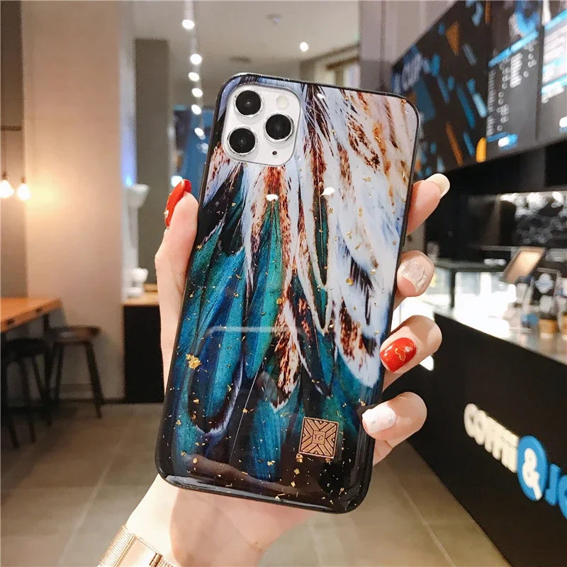Luxurious Marble Silicone Epoxy Glitter Phone Case with Gold Foil Feather Design
