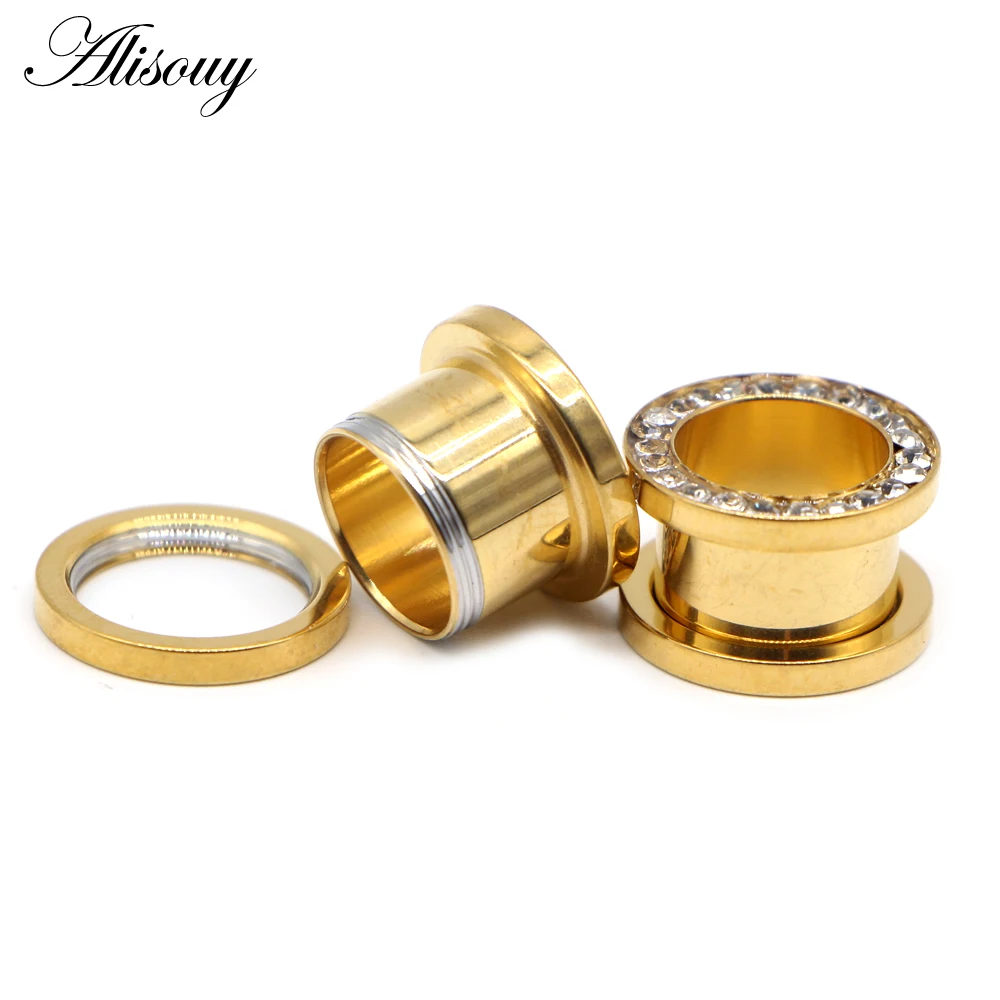 Gold Color Ear Plugs Tunnels with Crystal Screw Fit Flesh Tunnel Ear Expanders Stretching Kit Piercings Body Jewelry Alisouy piercing jewelry ear piercing jewelry body piercing jewelry body jewelry