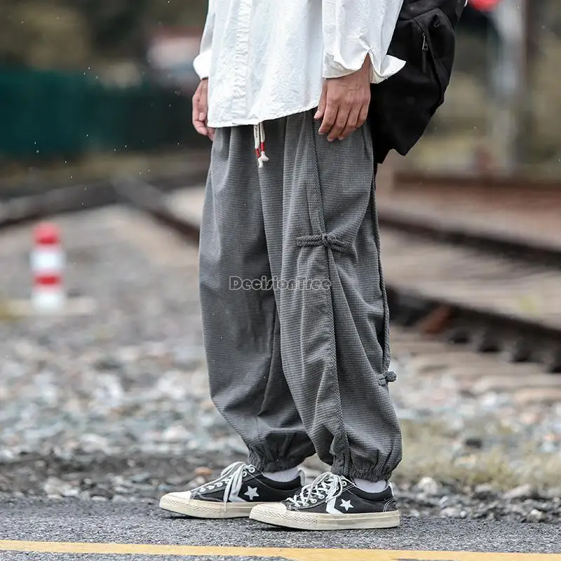 chinese style men's autumn/winter corduroy pants men's new chinese disc button wide leg haren casual straight trousers w26