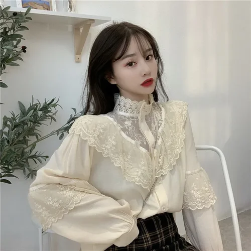 한국 러플 화이트 블라우스, 스탠드 칼라, 레이디 상의, 빈티지 긴팔 레이스 셔츠, 스위트 루즈 여성 의류, 패션 11335, 가을 3