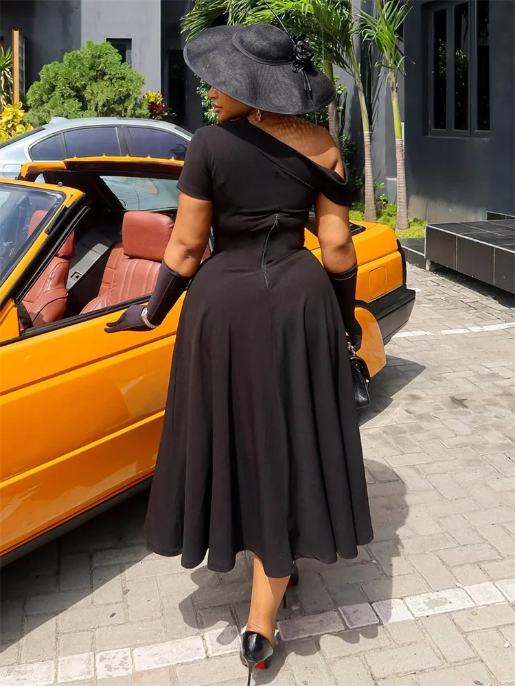 Wmstar Plus Size Dress Women Wholesale Short Sleeve Hollow Out Solid Color Cinched Waist Dress with A Slanted Collar Cutouts