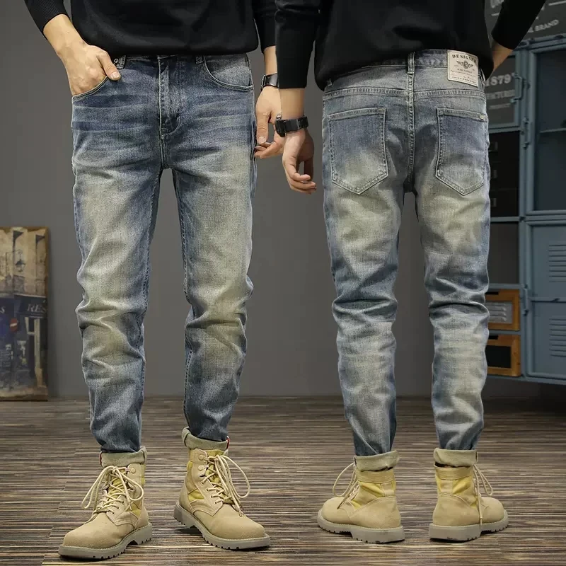 fashion vintage men jeans retro blue elastic stretch slim ripped jeans men trousers yellow washed designer denim pants hombre Fashion Designer Men Jeans High Quality Retro Blue Elastic Stretch Slim Fit Ripped Jeans Men Vintage Trousers Denim Pants Hombre