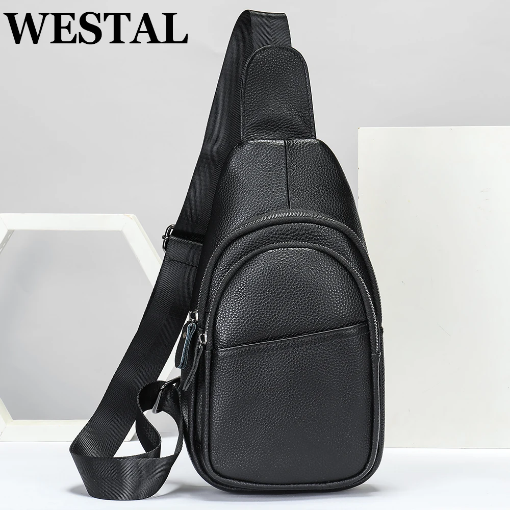 

WESTAL Cowhide Leather Shoulder Bag Husband Messenger Crossbody Bag Male Chest Bag Side Sling Pack Slingback Phone Pocket