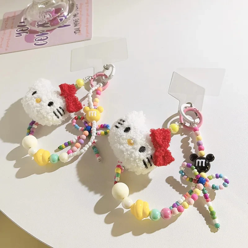 

Kawaii Sanrioed Hello Kitty Colorful Beaded Keychain Cartoon Plush Ktm Phone Case Wrist Strap Backpack Pendant Decoration Gift