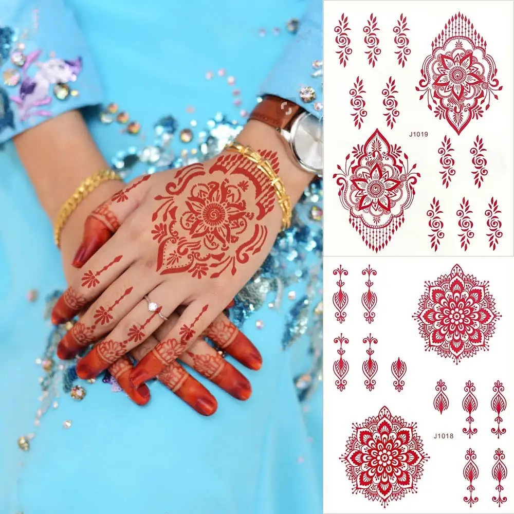 Red Henna Temporary Tattoos for Women Flower Mandala Mehndi