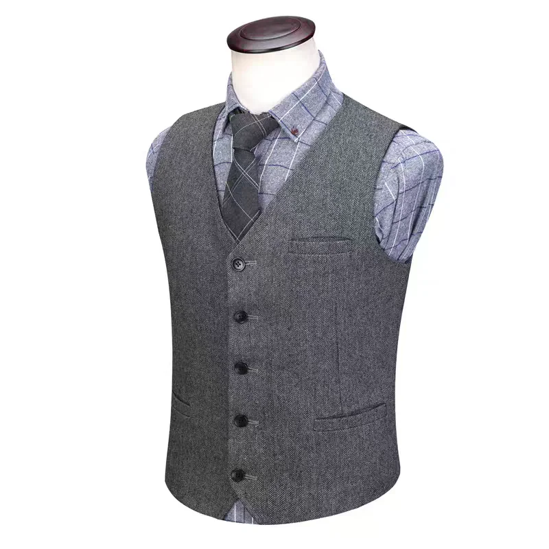 Grey Herringbone Pattern Wool Tweed Two Buttos Blazers Set Groom Tuxedos Formal Men Business Wedding Suits Jacket Pants Vest