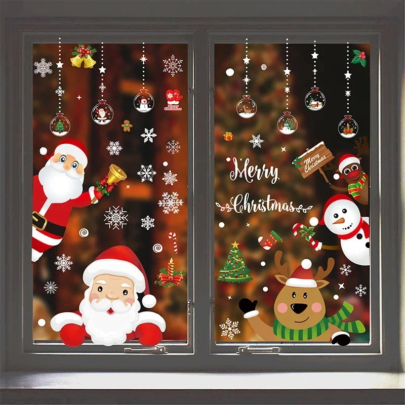 Removable Christmas Static Sticker Santa Elk Window Stickers Beautify Snowflake Wall Decals New Year Party Glass Paste