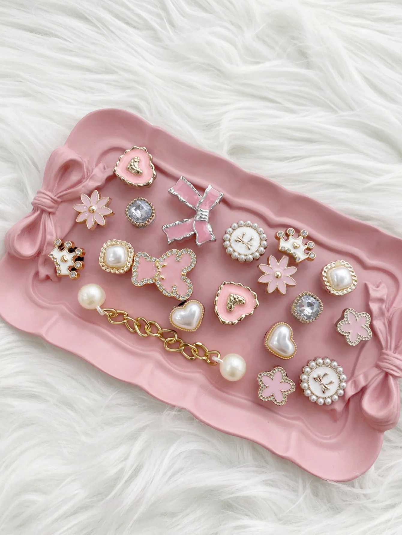 19, rosa Bärenschleife, Liebesherz, ABS-Perlenkette, DIY abnehmbares Schuhzubehör für Damensandalen, Hausschuhe, Strandtasche vielseitig – Detail 5