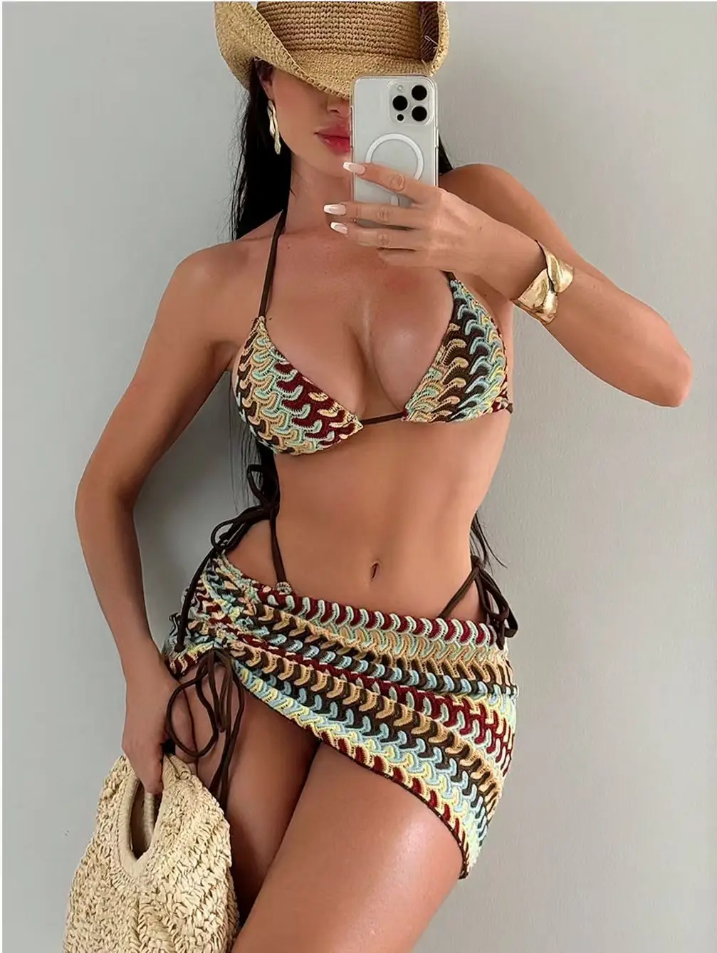 Printed Bikini with Skirt Halter Strappy Swimsuit Women Swimwear Three-pieces Bikini Set Bather Bathing Suit Biquine Brasileiro