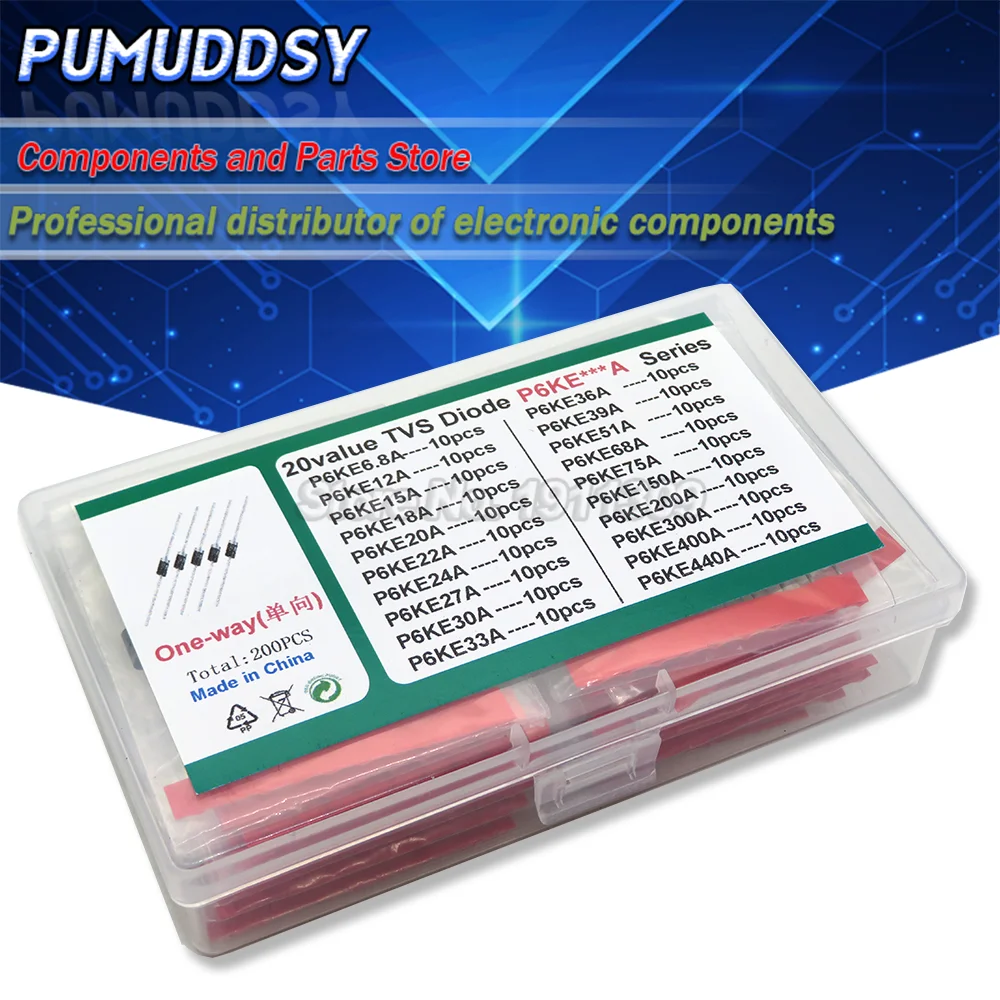 20Values*10Pcs=200Pcs Tvs Transistor Kit P6Ke6.8A/Ca 12/15/18/20/22/24/27/30/33/36/39/51/68/75/150/200/300/400/440/A/Ca Diode