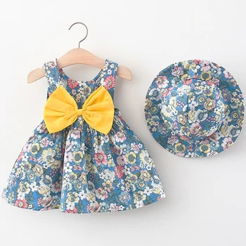2Piece Set New In Summer Baby Girl Clothes Korean Fashion Cute Flowers Bow Beach Princess Infant Dress+Sunhat Kids Dresses BC008