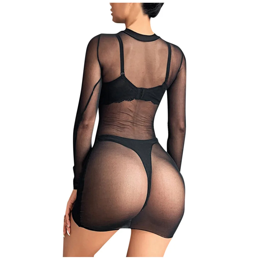 Black Long Sleeve Women's Dress See-Through Transparent Dress Lingerie Erotic Pajamas Lenceria Intimate