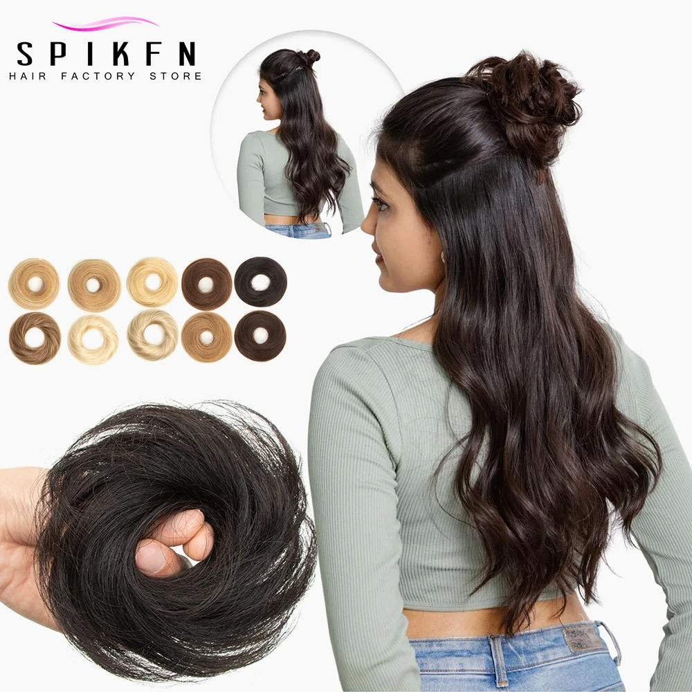 Messy Hair Bun Hair Pieces Straight Scrunchie Updo with Elastic Rubber Band Extension Human Hair Ponytail Chignon Donut for wome