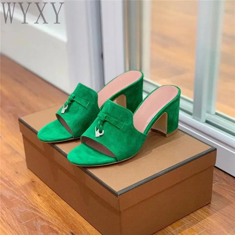 

Summer New Woman Round Toe Thick Heel High Heel Slippers Multicolor Metal Lock Tassel Mules Flipflops Shoes Women Dress Slippers
