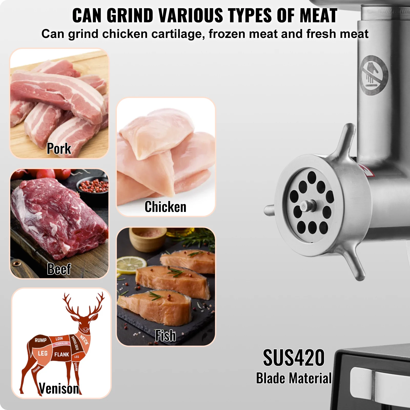 VEVOR Electric Meat Grinder, 9 Lbs/Min Capacity w/ Blade, Grinding Plate, Sausage Maker, Stainless Steel Commercial Meat Mincer 4