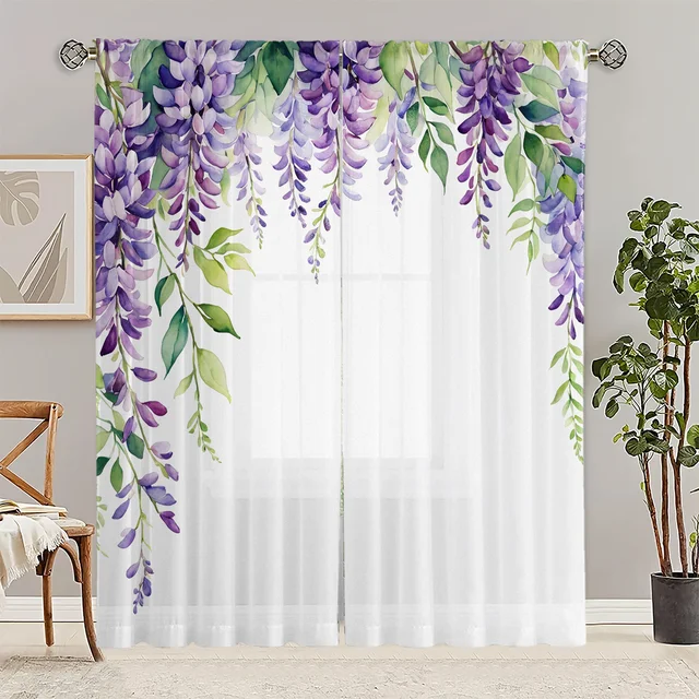 ผ้าม่านโปร่งแสงวิสทีเรียสีม่วง 2 ชิ้น – โพลีเอสเตอร์พิมพ์ลาย HD, รางแบบมีกระเป๋า, ซักด้วยเครื่องได้สำหรับห้องนั่งเล่น, ห้องนอน, ห้องรับประทานอาหาร 1