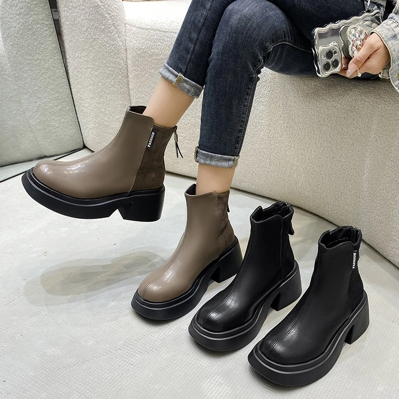 Ladies Shoes 2023 High Quality Zipper Women's Boots Winter Round Toe Mixed Colors Short Barrel Chunky Heel Fashion Boots Zapatos